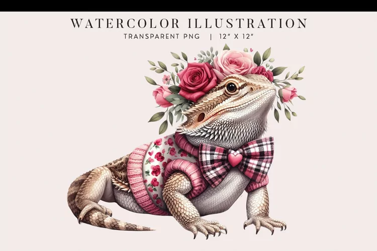 Valentine Bearded Dragon Watercolor Clipart PNG