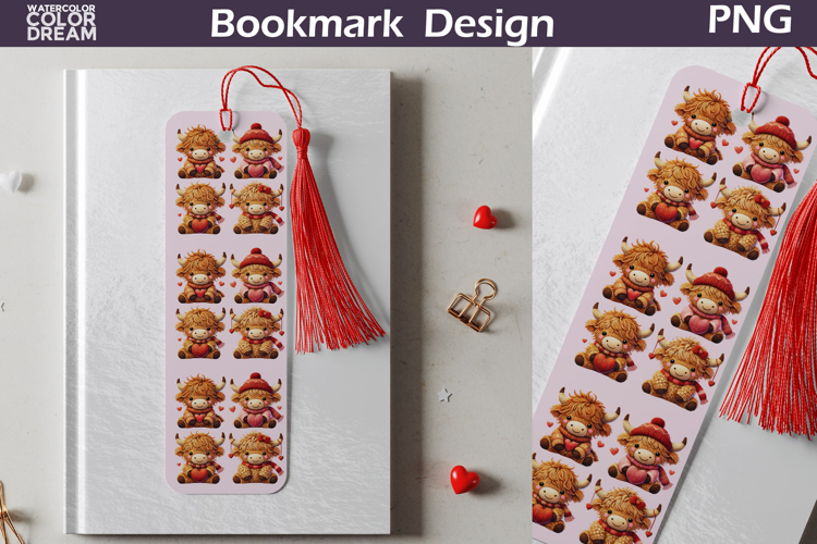 Valentine Bookmark | Valentines Day Highland Cow Bookmark