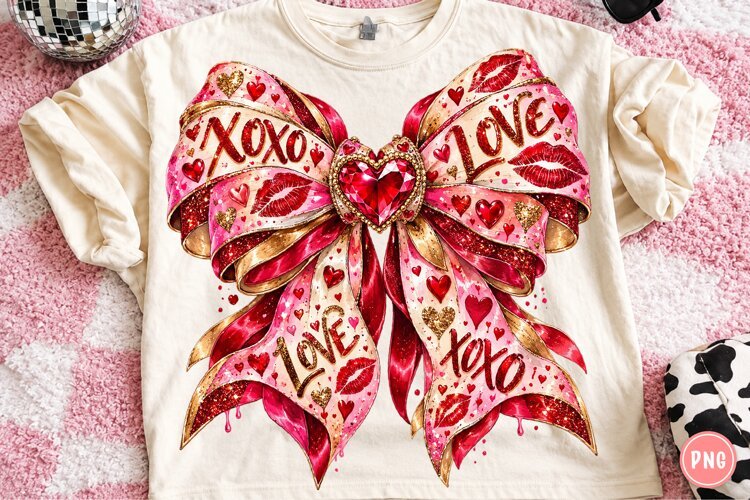 XOXO Love Valentine Bow PNG | Rhinestone Coquette Heart Png example image 1