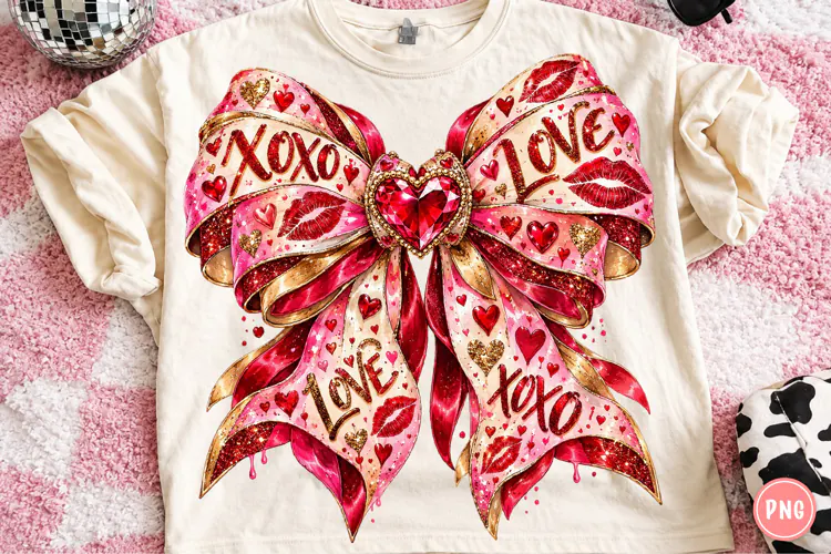 XOXO Love Valentine Bow PNG | Rhinestone Coquette Heart Png