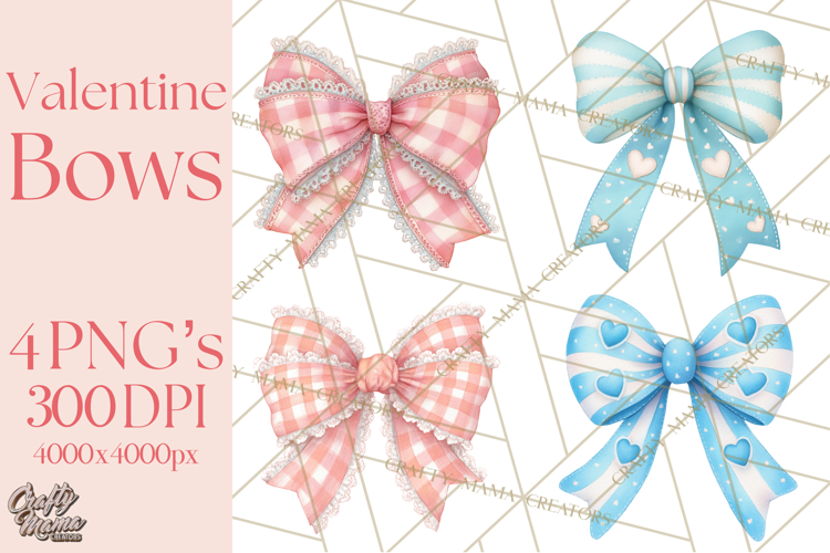 Valentine Bow Clipart PNG, Cute Pastel Bows, Heart Pattern