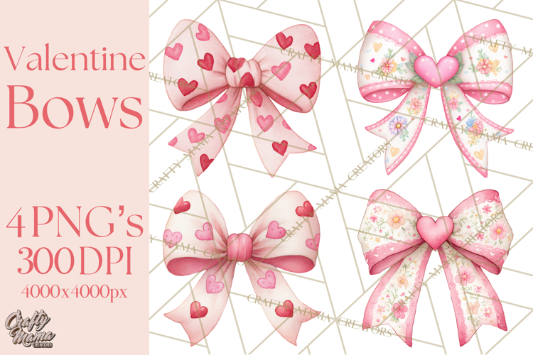 Valentine Bow Clipart PNG, Cute Pastel Bows, Heart Pattern