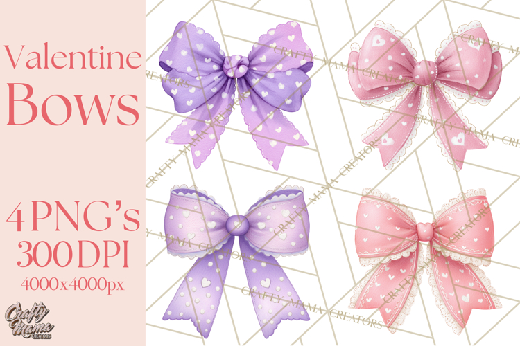 Valentine Bow Clipart PNG, Cute Pastel Bows, Heart Pattern