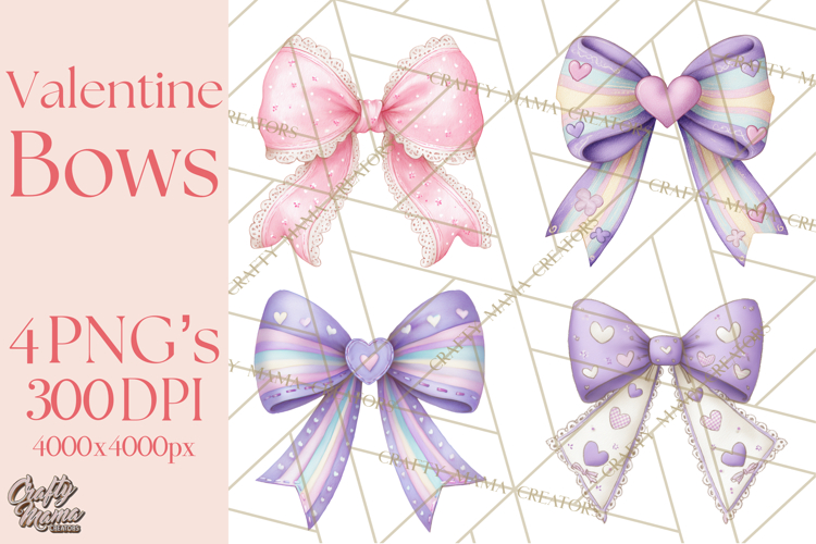 Valentine Bow Clipart PNG, Cute Pastel Bows, Heart Pattern