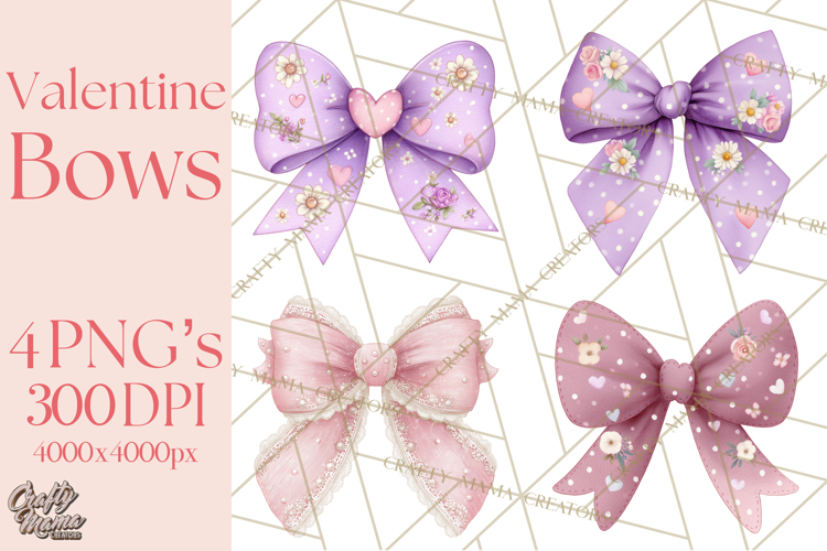 Valentine Bow Clipart PNG, Cute Pastel Bows, Heart Pattern