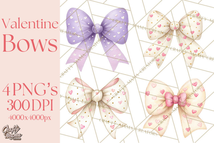 Valentine Bow Clipart PNG, Cute Pastel Bows, Heart Pattern