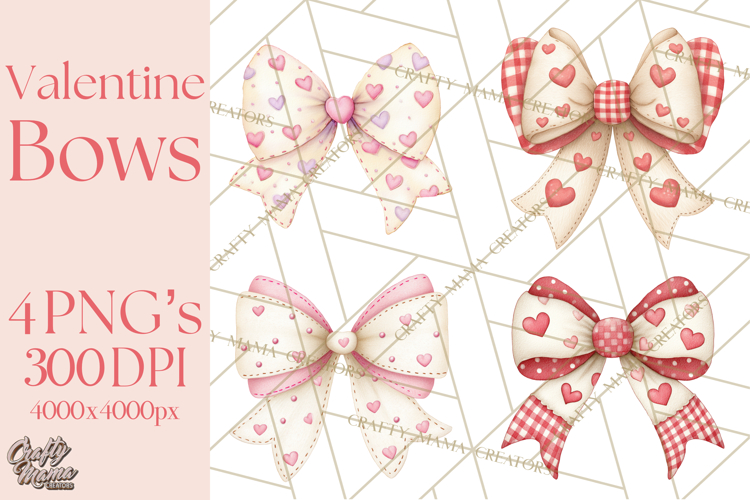 Valentine Bow Clipart PNG, Cute Pastel Bows, Heart Pattern