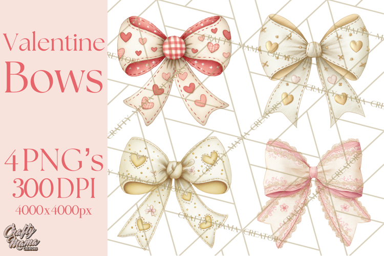 Valentine Bow Clipart PNG, Cute Pastel Bows, Heart Pattern