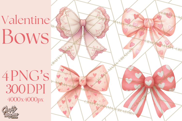 Valentine Bow Clipart PNG, Cute Pastel Bows, Heart Pattern