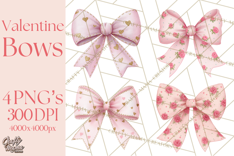 Valentine Bow Clipart PNG, Cute Pastel Bows, Heart Pattern