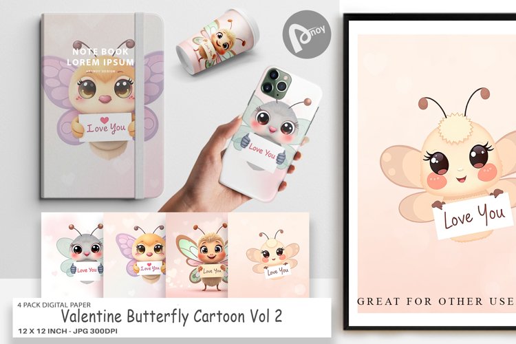 Digital Paper Valentine Butterfly Cartoon