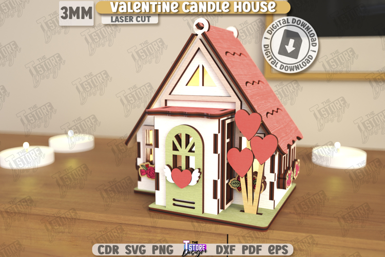 Valentines Day Candle House Laser Cut|Tea Candle Holder SVG