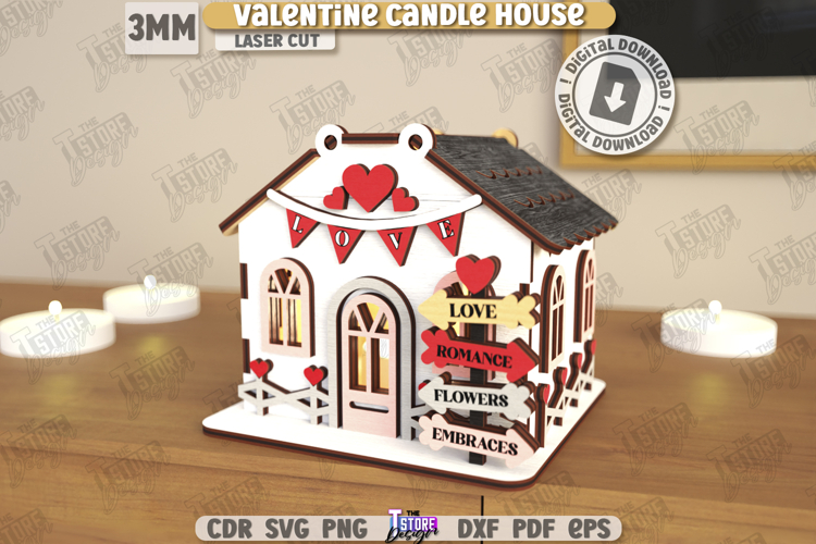 Valentines Day Candle House Laser Cut|Tea Candle Holder SVG