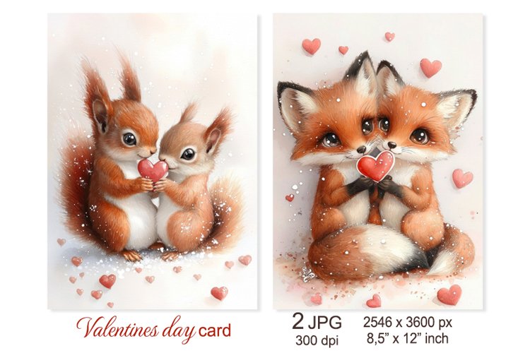 Cute Valentines day card Love Animals Fox Squirrel Valentine