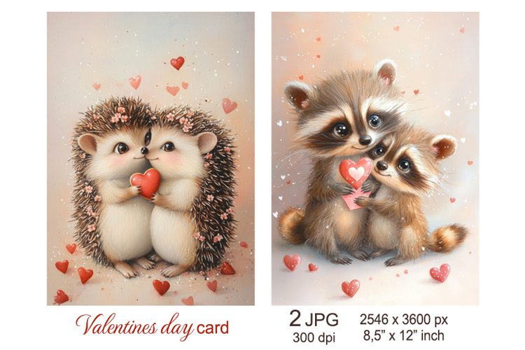 Cute Valentines day card, Love hedgehog raccoon scrapbook