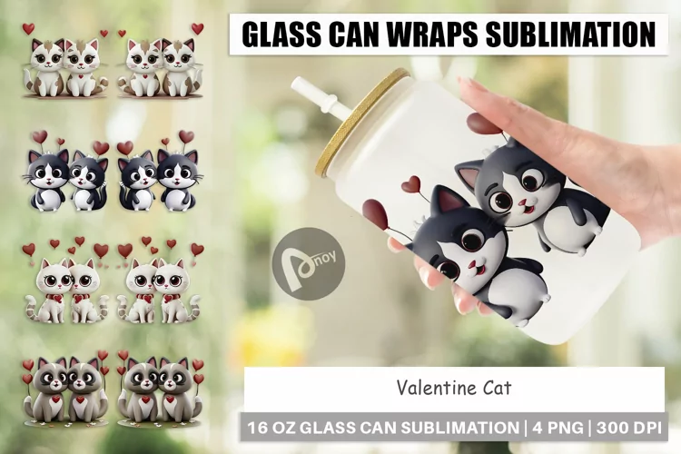 Glass Can Wraps Valentine Cat