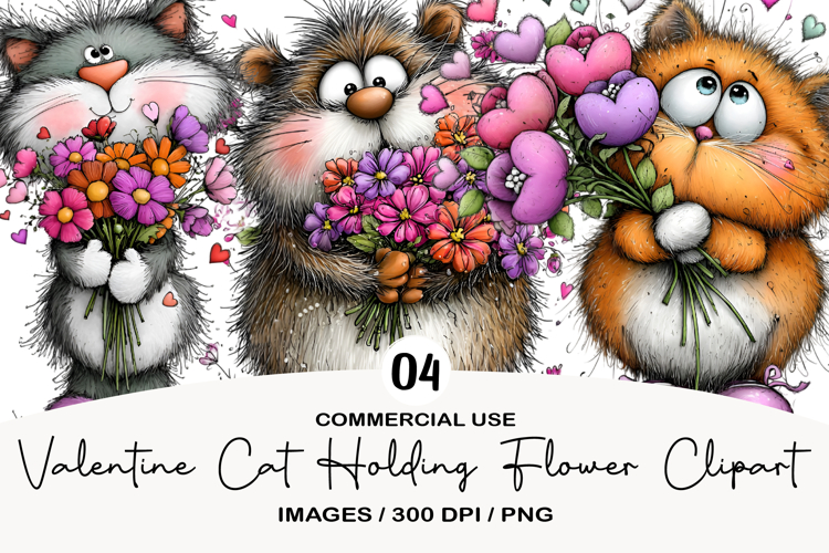 Valentine Cat Holding Flower Clipart