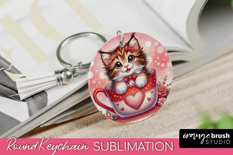 Valentine Cat Keychain - Cute Sublimation Keyring Design