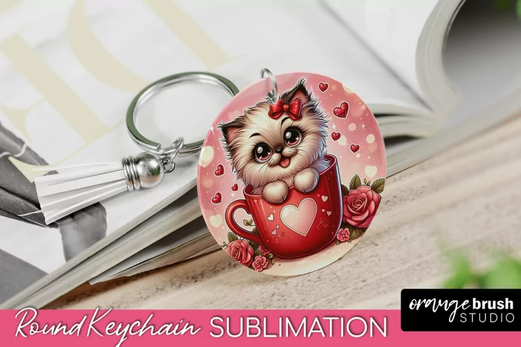 Valentine Cat Keychain - Round Sublimation Keychain Design