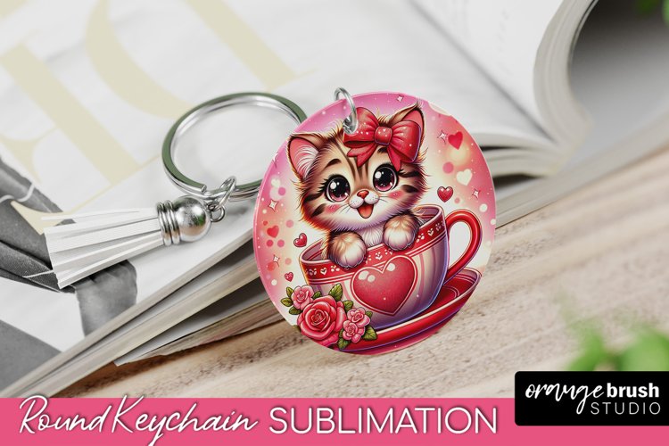 Valentine Cat Keychain - Valentine's Day Round Sublimation