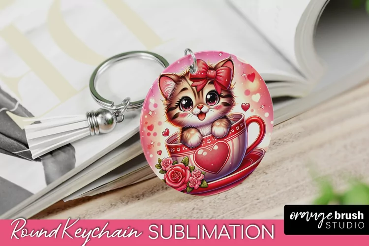 Valentine Cat Keychain - Valentine's Day Round Sublimation