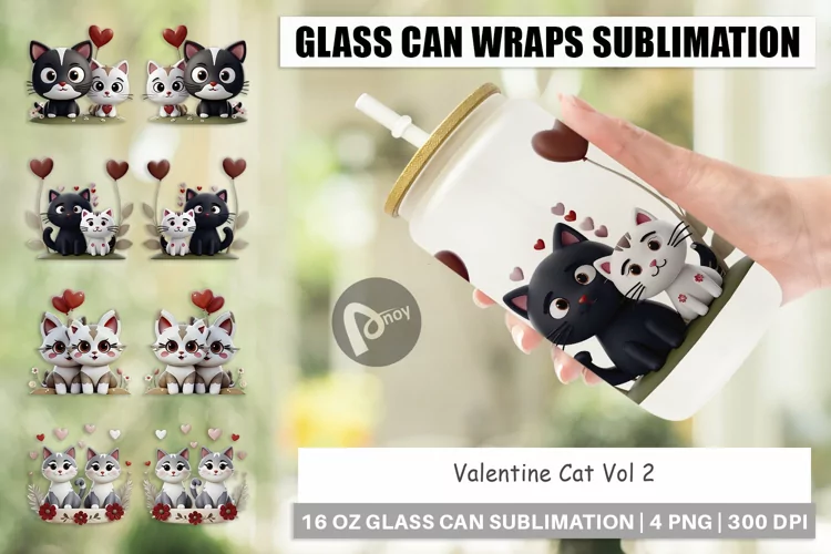 Glass Can Wraps Valentine Cat
