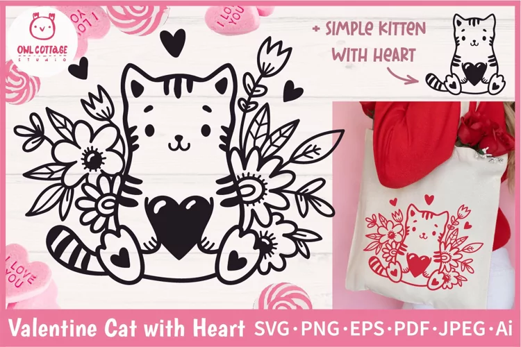 Valentine Cat with Heart and Flowers SVG Cut File