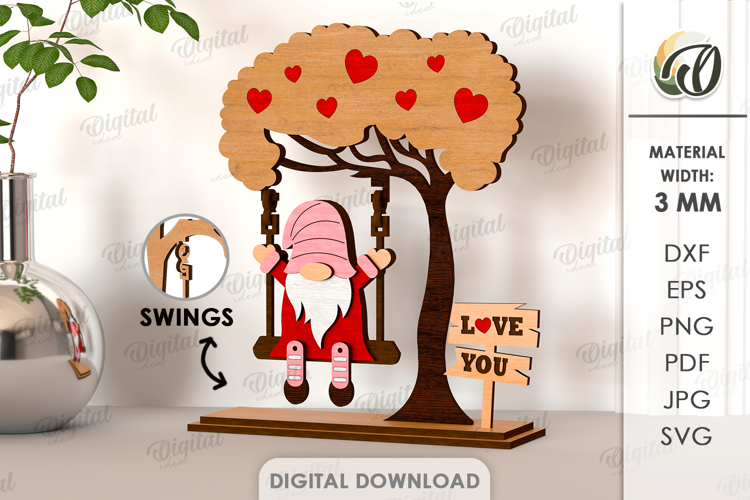 Valentine Character On Swing Laser Cut. Standing Decor SVG