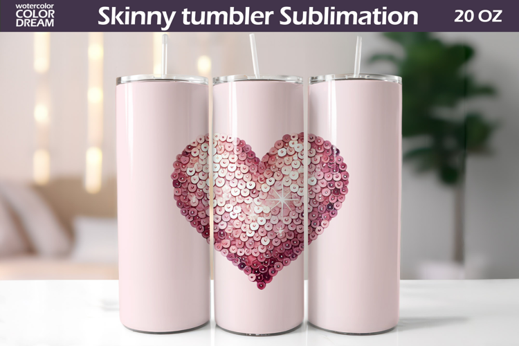 Sequins Heart Tumbler Wrap | Valentine Tumbler Sublimation