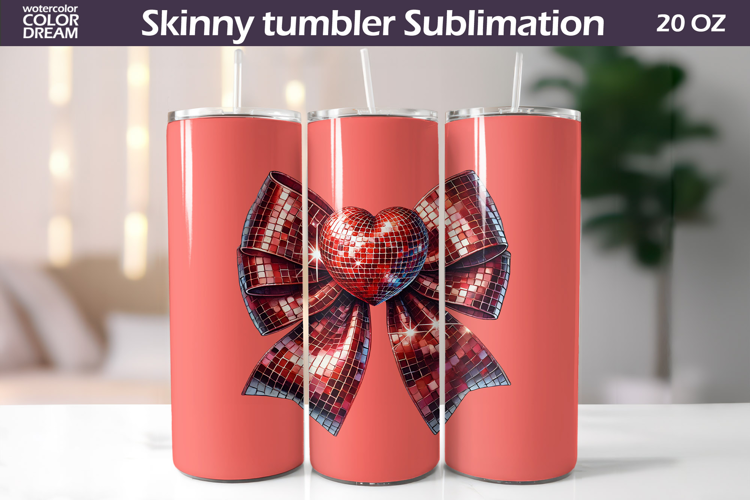 Disco Bow Heart Tumbler Wrap | Valentine Tumbler Sublimation