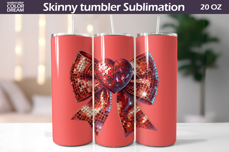 Disco Bow Heart Tumbler Wrap | Valentine Tumbler Sublimation