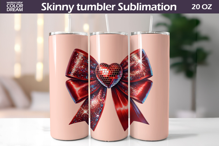 Disco Bow Heart Tumbler Wrap | Valentine Tumbler Sublimation