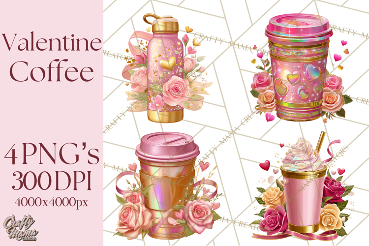 Pink Gold Valentine Clipart PNG, Sweetheart Coffee Cup