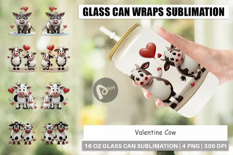 Glass Can Wraps Valentine Cow