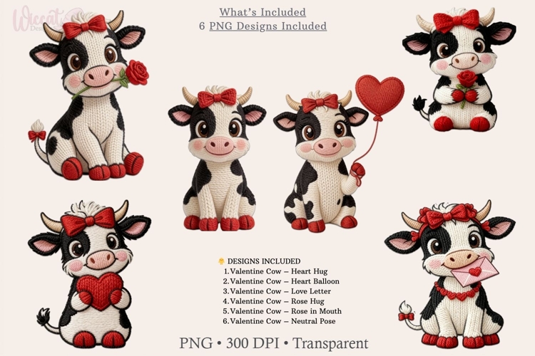 Valentine Cow Faux yarn Bundle PNG, Cute Romance Cow Clipart