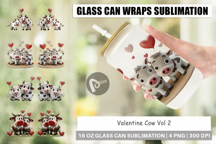 Glass Can Wraps Valentine Cow