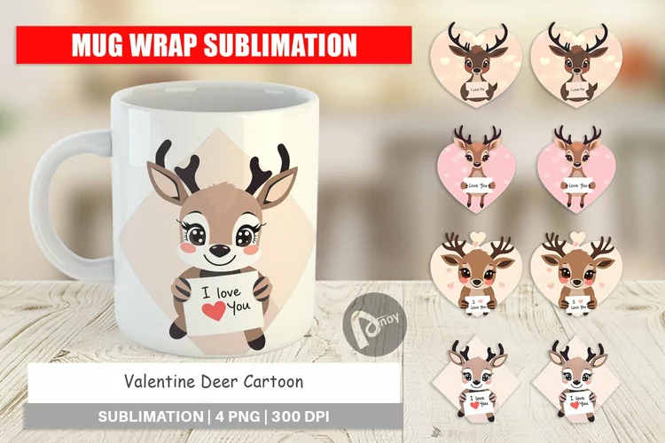 Mug Wrap Design Valentine Deer Cartoon