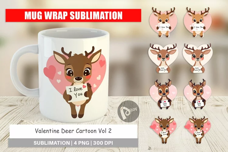 Mug Wrap Design Valentine Deer Cartoon
