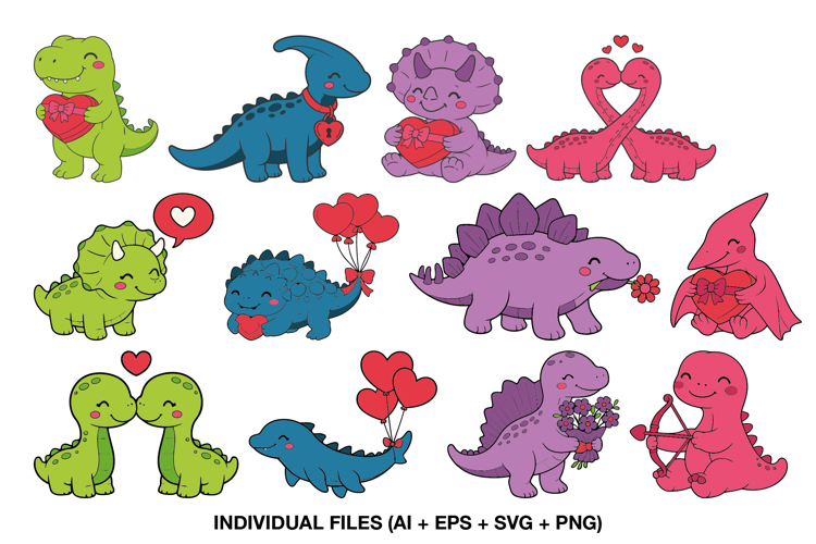 Valentine Dinosaur Clipart, Cute Card Making Graphics