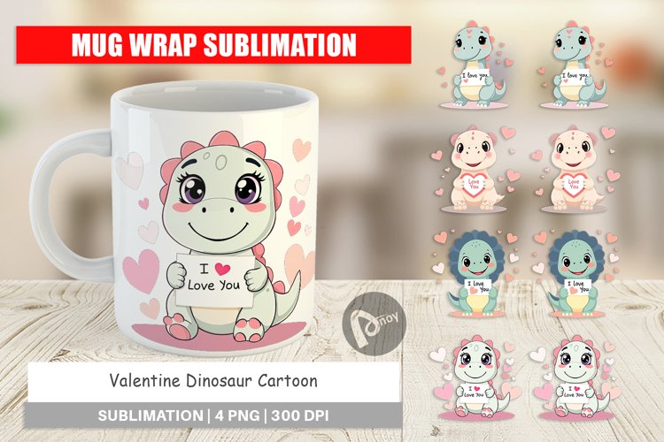 Mug Wrap Design Valentine Dinosaur Cartoon