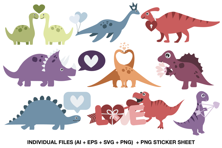 Valentine Dinosaur Clipart Bundle, Cute Dino Love PNG Set