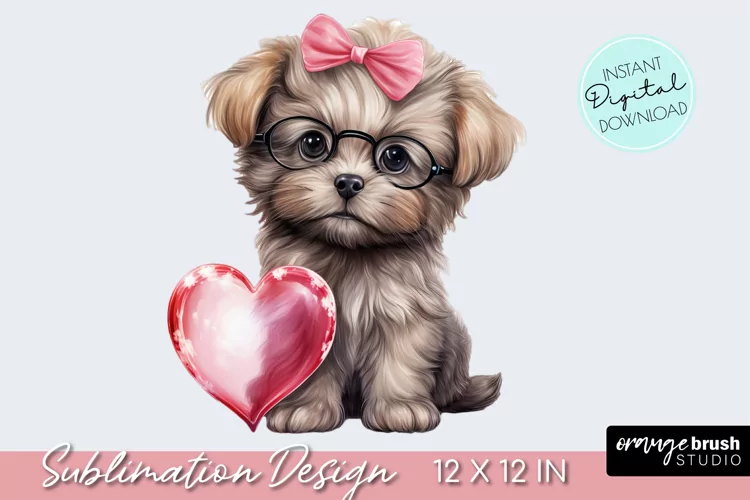 Valentine Dog Clipart - Watercolor Puppy Sublimation Design
