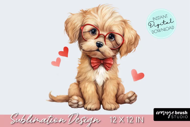 Valentine Dog Sublimation Design, Watercolor Puppy Clipart