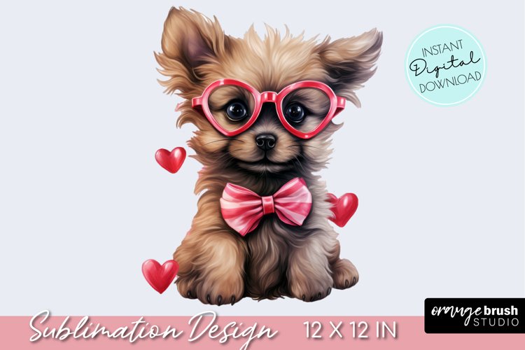 Valentine Dog Sublimation - Watercolor Puppy with Hearts