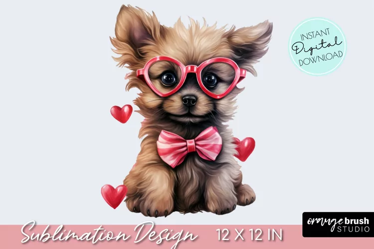 Valentine Dog Sublimation - Watercolor Puppy with Hearts