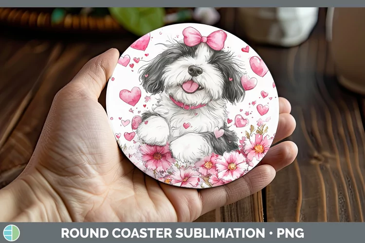 Valentine Dogs Old English Sheepdog Round Coaster Sublimatio