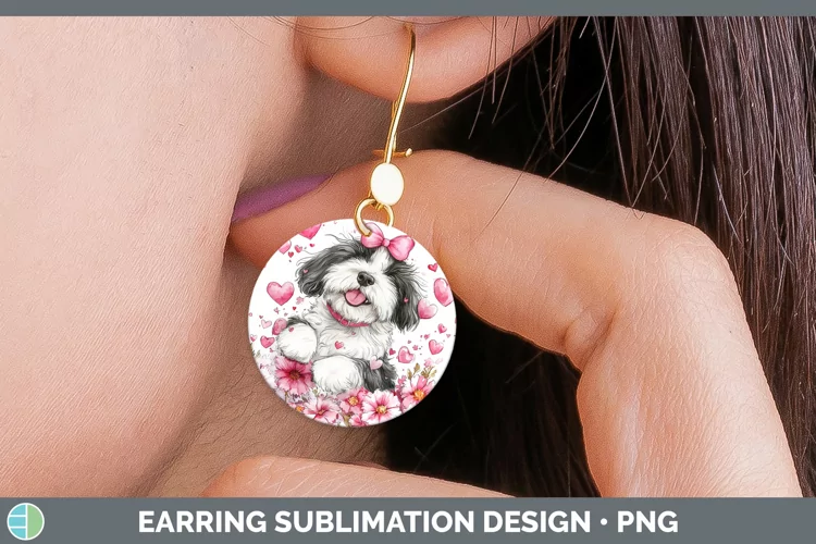 Valentine Dogs Old English Sheepdog Round Earrings Sublimati