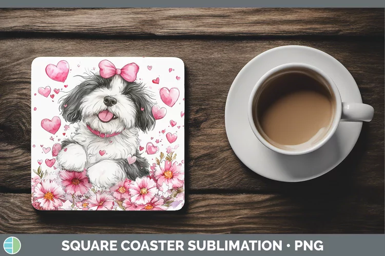 Valentine Dogs Old English Sheepdog Square Coaster Sublimati