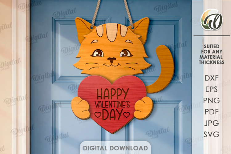 3D Valentines Day Door Hanger Laser Cut. Cat SVG