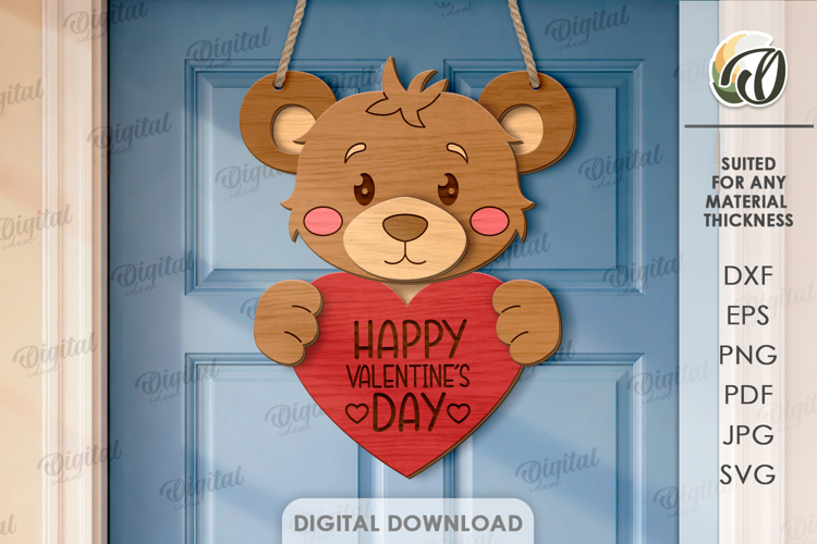 3D Valentines Day Door Hanger Laser Cut. Bear SVG